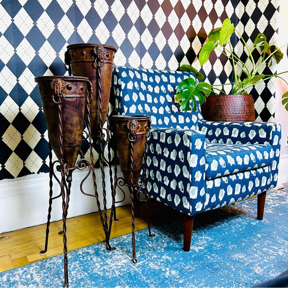 Primitive-Modern Sculptural Floor Vessels Totemic Metal Forms on Forged Stands‎
